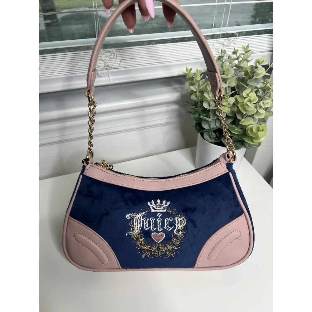 Juicy Couture Heritage Velour‎ Shoulder Bag Regal Blue Pink Y2K Gold Chain Purse